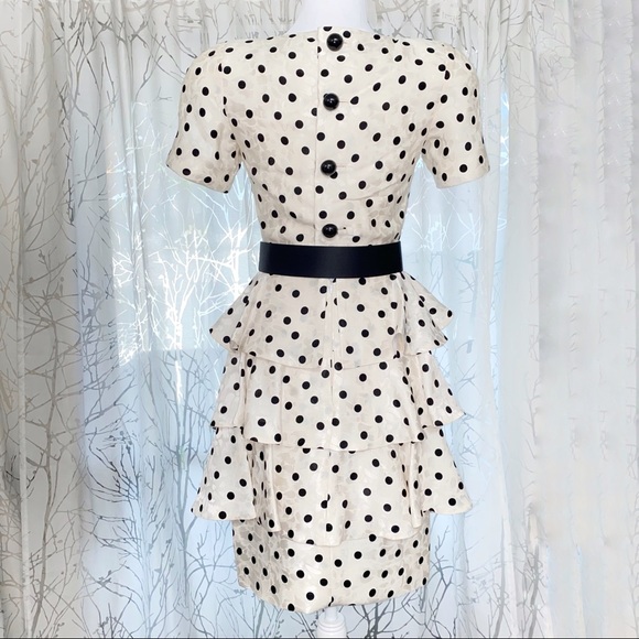 Vintage 1980’s SCAASI Boutique white black polka dot ruffle button up back dress - Picture 8 of 16